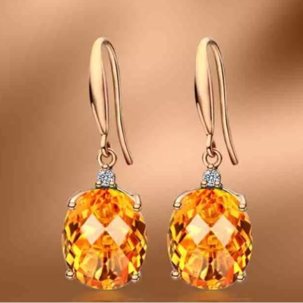 18k Gold Finish & Genuine Faceted Citrine Handcrafted Earrings Size 1/2”